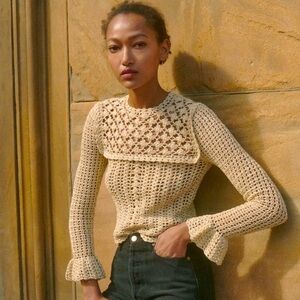 Doen Heirloom Madeira Hand-knit Top in Gold Leaf Crochet